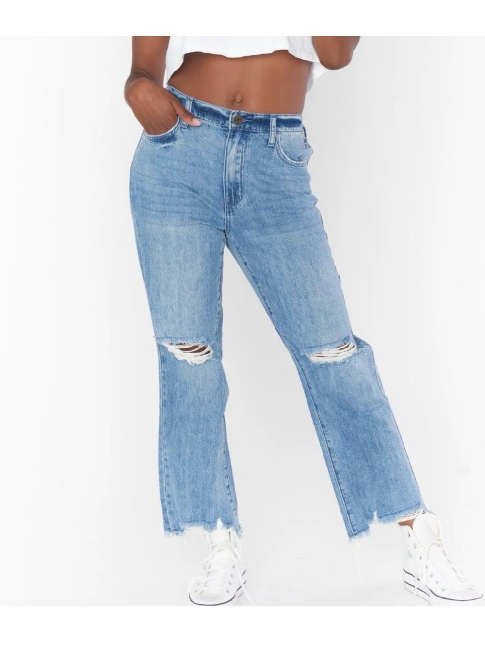 Show Me Your Mumu Memphis Mid Rise Jeans 27 Distressed Raw Hem Stretch Waist
